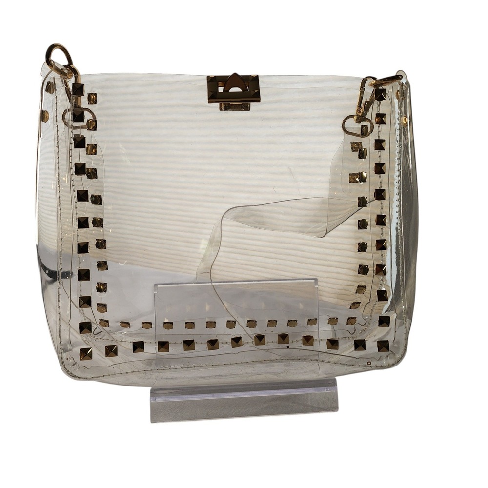 Clear PVC Studded Crossbody Bag Gold Pyramid Stud‎ Transparent Stadium Handbag